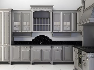 Elegant Gray Kitchen Cabinets With Ornate Carvings And Black Countertop 3d model