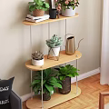 Indoor Wooden Multi Tiered Decor Shelf Featuring Succulents Potted Plants Metal Watering Can And Books