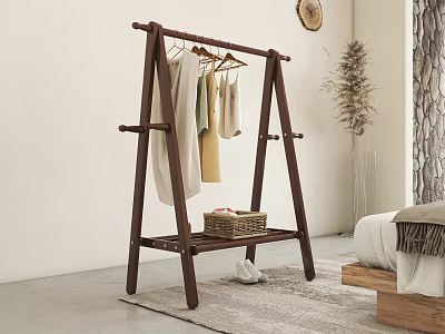 Dark Brown Wooden Coat Rack in Bedroom with Hanging Clothes 3d model