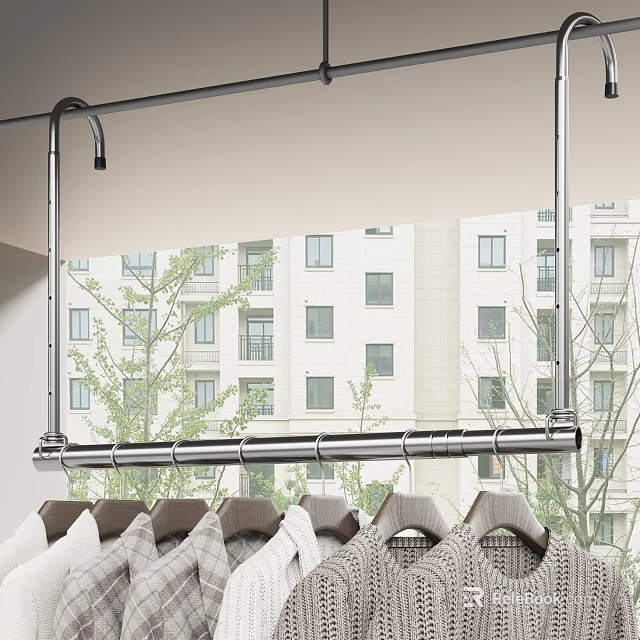 Stainless Steel Clothes Drying Rack Hooks Mounted Over Window For Hanging Clothes 3d model 