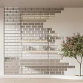 Modern Transparent Glass Brick Wall Interior With Layered Structure And Potted Tree 3d model