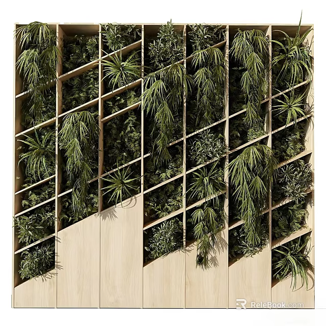 Decorative Plant Ornament Combination With Wooden Frame Grid Design Vertical Greenery And Lush Hanging Foliage 3d model 
