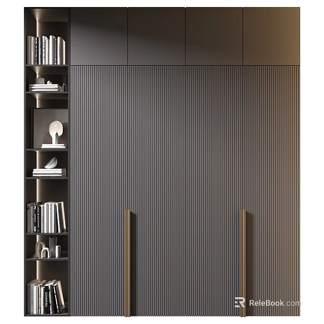Modern Decorative Cabinet With Vertical Stripe Design And Side Storage Shelf For Books And Ornaments 3d model 