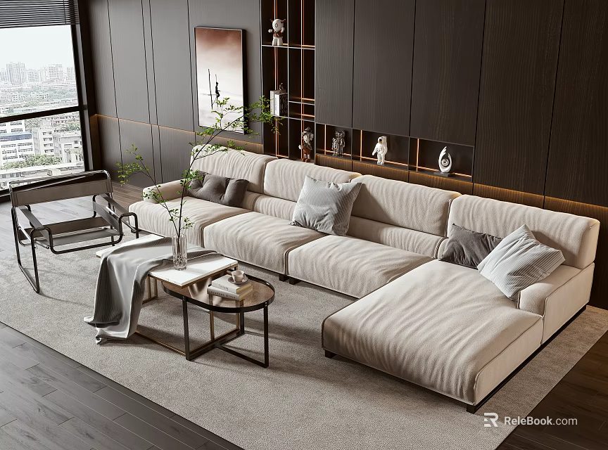 Modern Beige L shaped Sofa And Coffee Table In Living Room With City View Decorative Shelves 3d model 