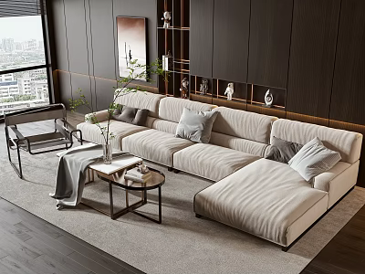 Modern Beige L shaped Sofa And Coffee Table In Living Room With City View Decorative Shelves 3d model