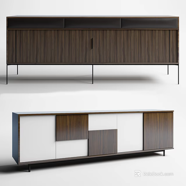 Sleek Modern TV Stand With Dark Wood Grain Drawers Cabinets And Black Slim Legs 3d model 