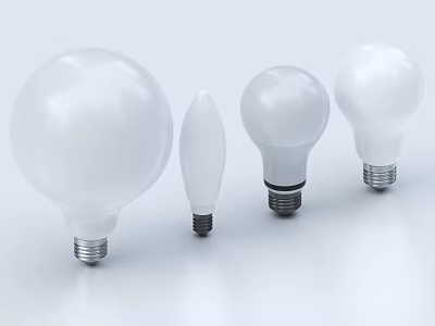 Various White Light Bulbs With Different Shapes And Designs On White Surface 3d model