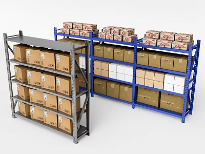 Multi Tiered Storage Shelves Stacked With Cardboard Boxes For Organized Storage 3d model
