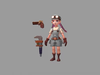 Game and Movie Character with Goggles Braided Hair in Overalls Holding Gun Axe and Tools 3d model