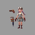 Game and Movie Character with Goggles Braided Hair in Overalls Holding Gun Axe and Tools