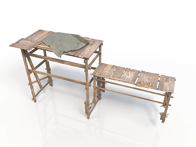 Modern Outdoor Scene With Wooden Folding Table Folding Bench And Green Cloth 3d model
