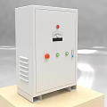White Industrial Control Cabinet with Red Green Buttons Gauge and Ventilation Holes on Wooden Platform