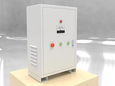White Industrial Control Cabinet with Red Green Buttons Gauge and Ventilation Holes on Wooden Platform 3d model