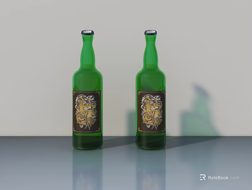 Two Green Beer Bottles With Golden Labels On Gray Tabletop And Shadows 3d model 