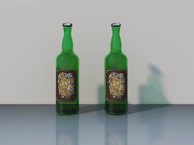 Two Green Beer Bottles With Golden Labels On Gray Tabletop And Shadows 3d model