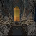 Mysterious Cave Interior With Arched Doorway Leading To Orange Sunset Sky And Stalactite Formations