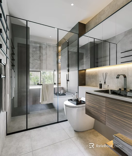 Modern Bathroom Interior Design With Glass Shower Partition And Wooden Vanity Cabinets 3d model 