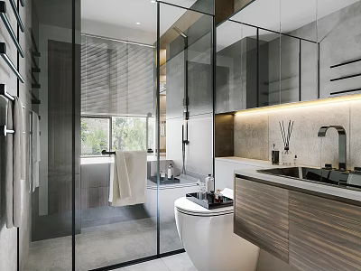 Modern Bathroom Interior Design With Glass Shower Partition And Wooden Vanity Cabinets 3d model