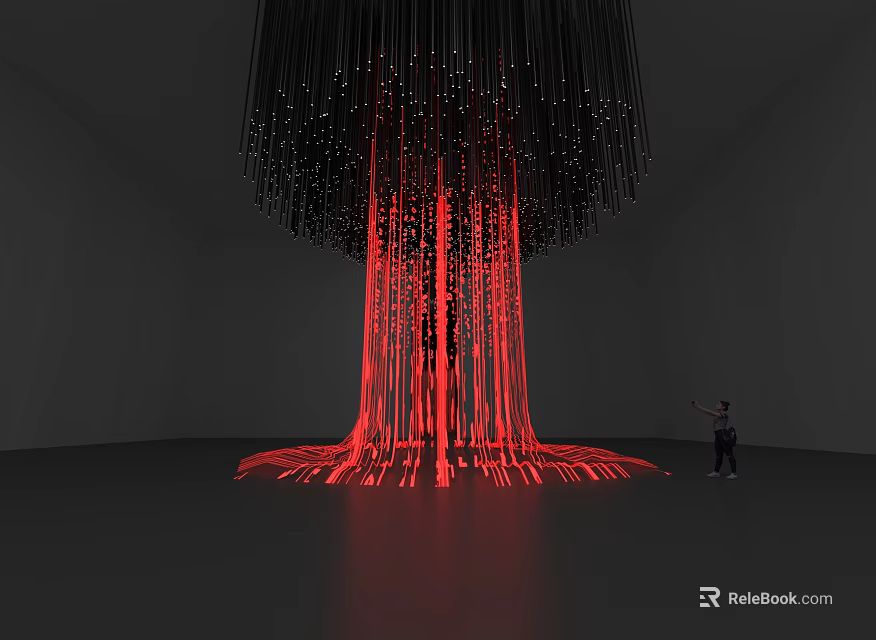 Striking Art Installation With Black Suspended Structure Red Light Hanging Elements And Person Viewing 3d model