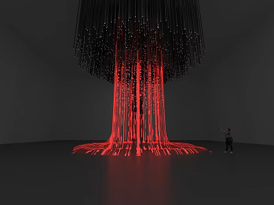 Striking Art Installation With Black Suspended Structure Red Light Hanging Elements And Person Viewing 3d model