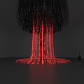 Striking Art Installation With Black Suspended Structure Red Light Hanging Elements And Person Viewing 3d model