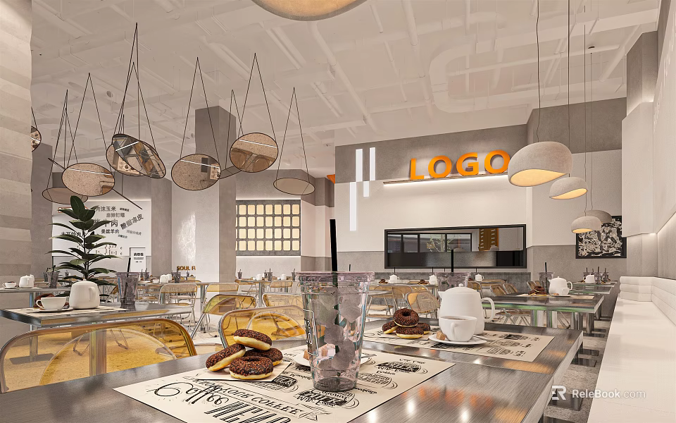 Modern Café Interior With Hanging Pendant Lights Logo Sign Pastries And Indoor Plants 3d model 