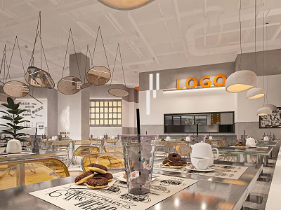 Modern Café Interior With Hanging Pendant Lights Logo Sign Pastries And Indoor Plants 3d model