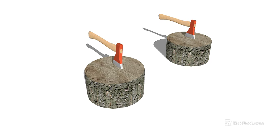 Tree Stumps With Red Axes And Wooden Handles On White Background 3d model 