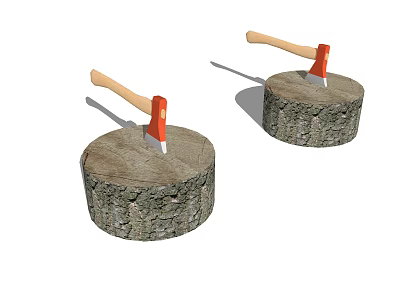 Tree Stumps With Red Axes And Wooden Handles On White Background 3d model