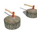 Tree Stumps With Red Axes And Wooden Handles On White Background