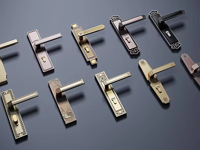 Various Styles of Door Handles with Gold Black and Copper Colors and Decorative Designs 3d model