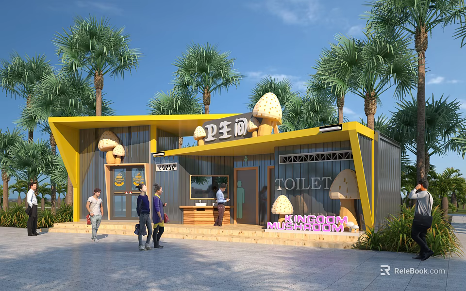 Modern Public Toilet Building With Yellow Roof Mushroom Lights And Palm Trees 3d model 