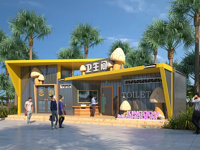 Modern Public Toilet Building With Yellow Roof Mushroom Lights And Palm Trees 3d model