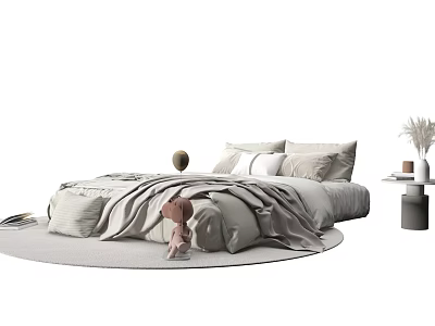 Minimalist Double Bed With Light Gray Bedding Plush Pillows Round Rug And Pampas Grass 3d model