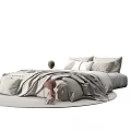 Minimalist Double Bed With Light Gray Bedding Plush Pillows Round Rug And Pampas Grass