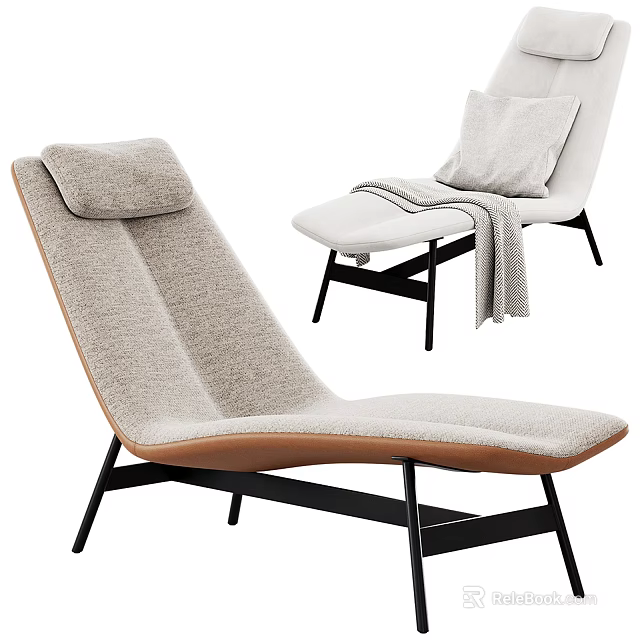 Modern Plush Lounge Chair With Light Gray Upholstery Black Metal Legs And Cushion Blanket 3d model 