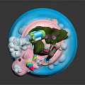 Green Haired Female Character Standing On Pink Creature Holding Spray Can With Blue Cloud Base