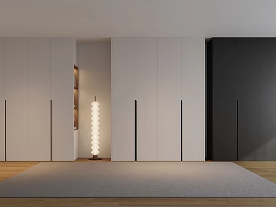 Modern Minimalist Wardrobe Interior With White And Black Panels And Wooden Floor Mat 3d model