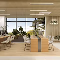 Bright Public Office Space With Wooden Ceiling Linear Lights Large Windows And Green Plants