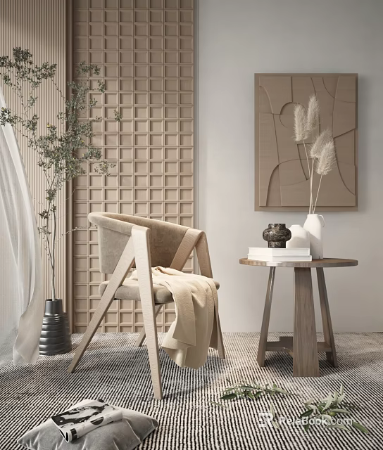 Modern Accent Chair With Wooden Frame Throw Blanket And Lattice Wall Decor 3d model 
