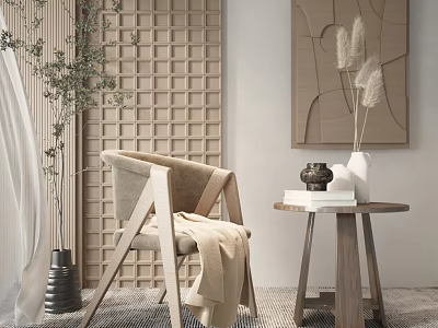Modern Accent Chair With Wooden Frame Throw Blanket And Lattice Wall Decor 3d model