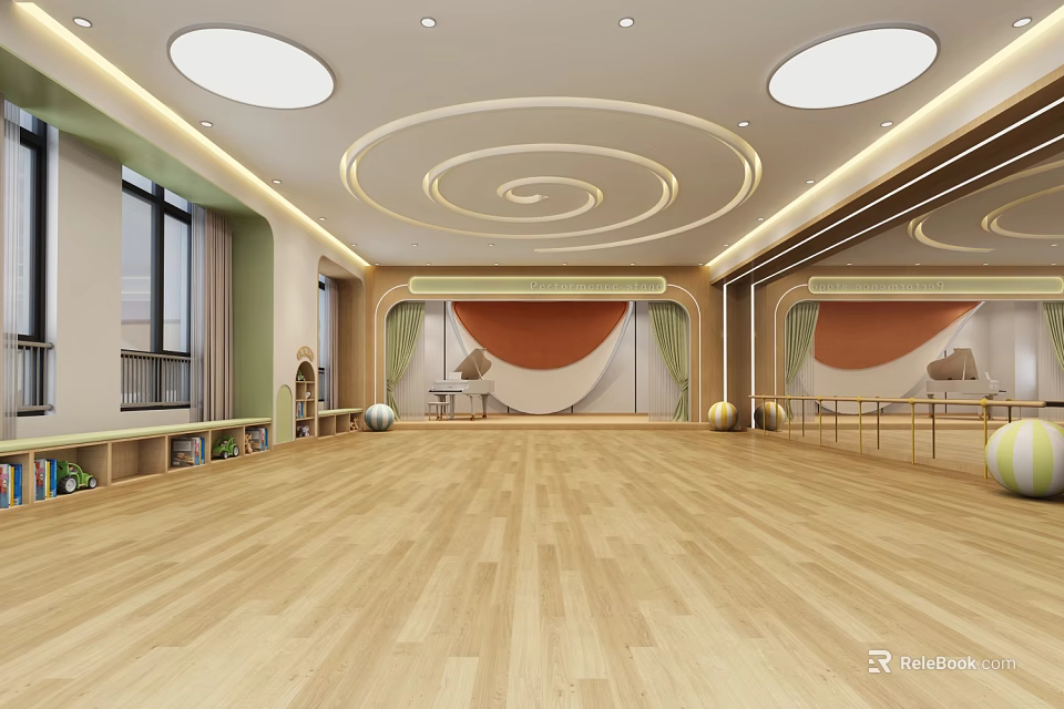 Spacious Kindergarten Indoor Activity Room With Wooden Floor And Circular Ceiling Design 3d model 