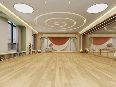 Spacious Kindergarten Indoor Activity Room With Wooden Floor And Circular Ceiling Design 3d model