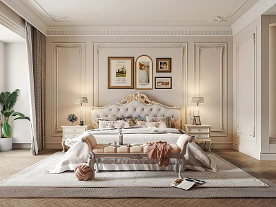 Elegant Classic Bedroom Interior With Golden Tufted Headboard Framed Art Bedside Lamps And Area Rug 3d model