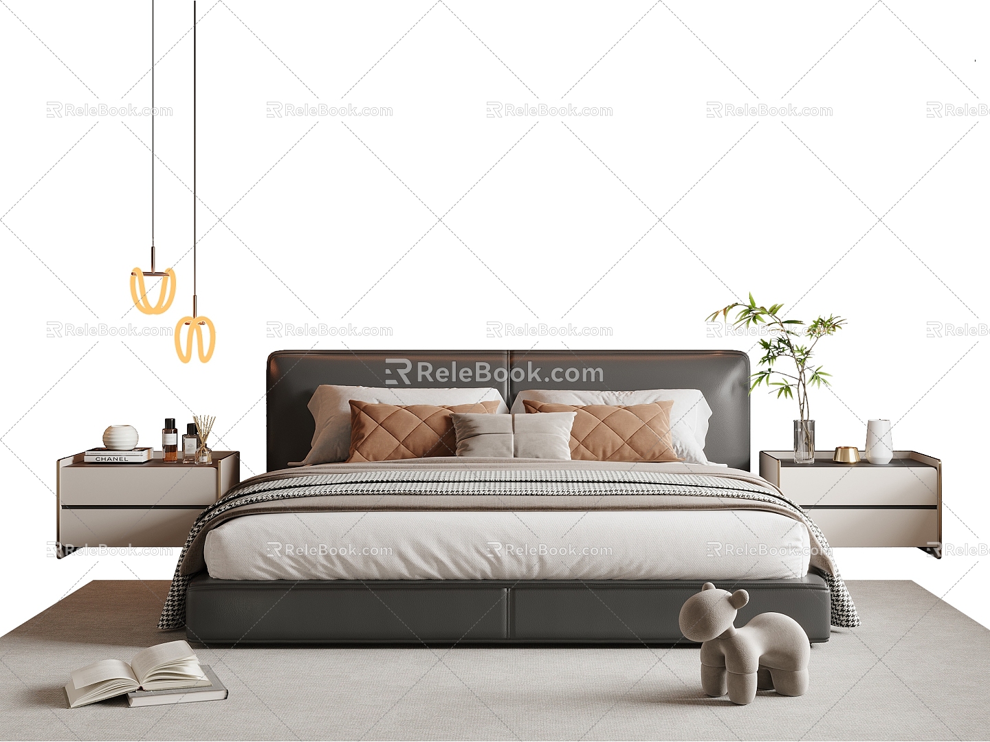 Modern Double Bed Leather Double Bed Bedside Cabinet Chandelier 3d model