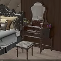 Dark Wooden Dressing Table With Mirror And Cosmetics In Bedroom Setting