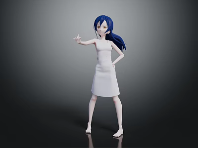 Game Movie Character With Blue Hair White Dress Outstretched Hand And Hand On Hip 3d model