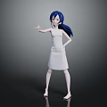 Game Movie Character With Blue Hair White Dress Outstretched Hand And Hand On Hip