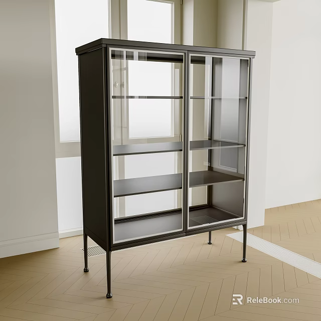 Modern Black Wine Cabinet With Glass Doors Metal Legs And Shelves In Bright Room 3d model 