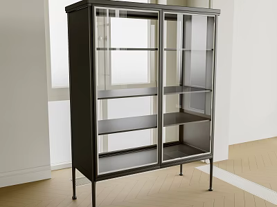 Modern Black Wine Cabinet With Glass Doors Metal Legs And Shelves In Bright Room 3d model
